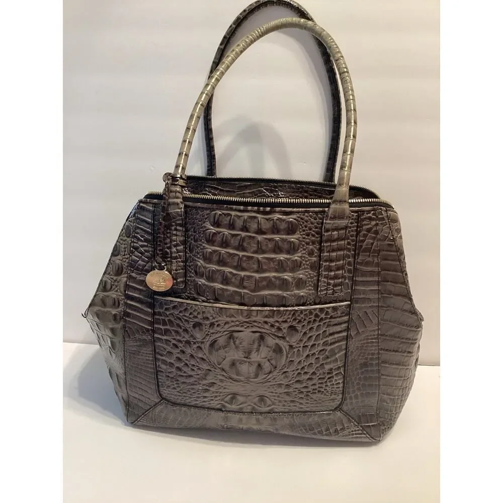 Brahmin Gray And Brown Large Genuine Leather‎ Tote Bag Purse